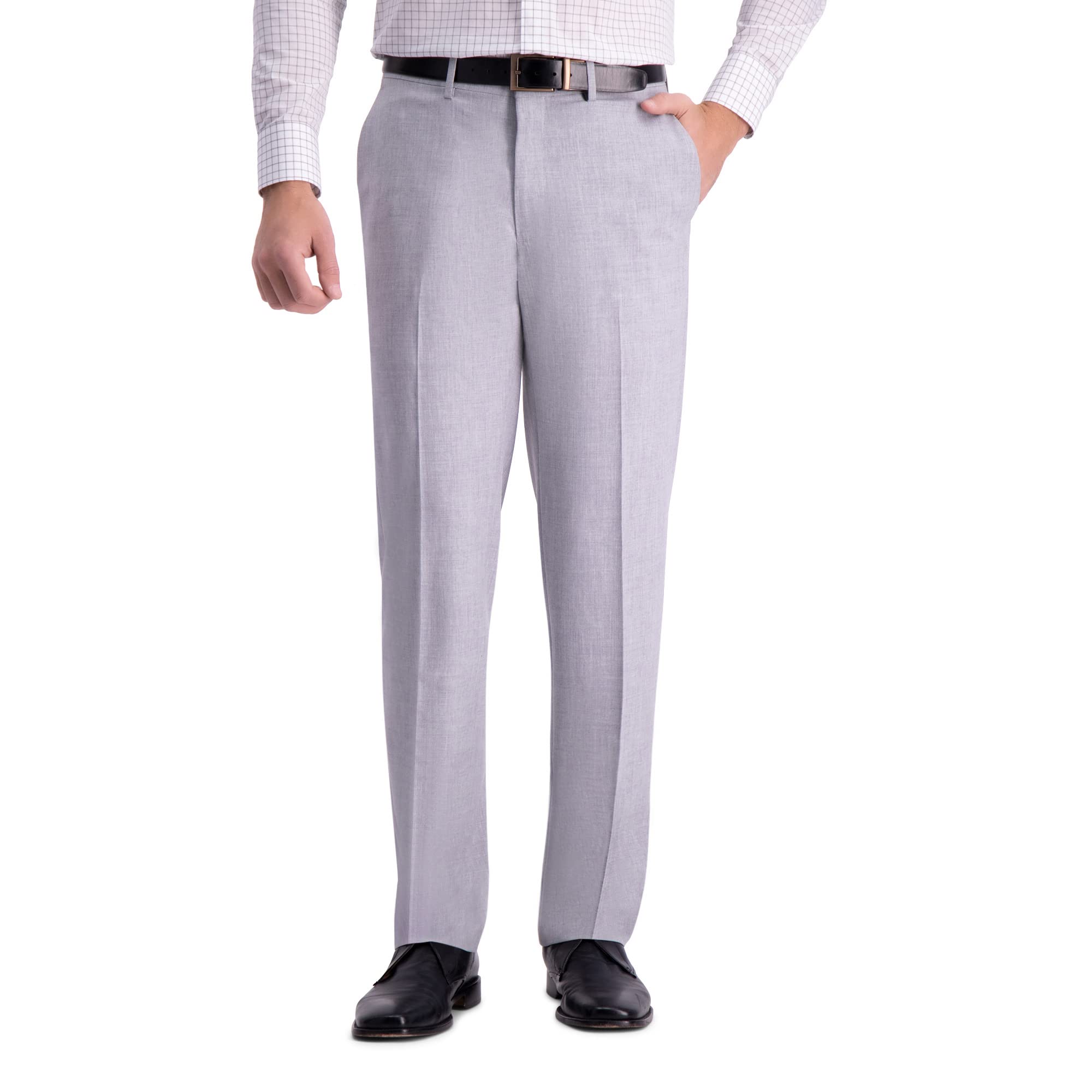 J.M. Haggar Men’s Sharkskin Superflex Waist Straight Fit Dress Pant, Light Grey, 33W x 30L