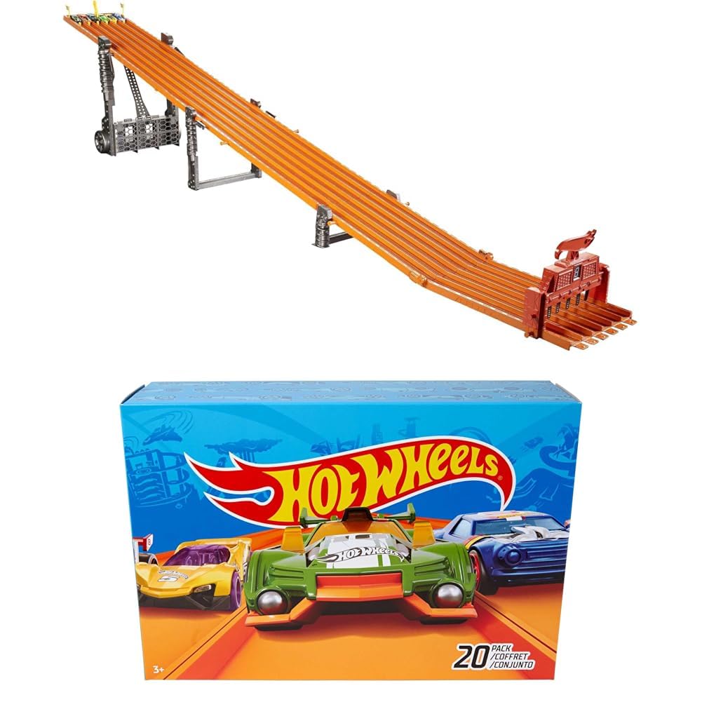 Bundle of Hot Wheels Toy Car Track Set Super 6-Lane Raceway, 8ft Track, 6 1:64 Scale Cars + Hot Wheels Easter Egg Fillers Set of 20 1:64 Scale Toy Cars & Trucks, Collectible Vehicles (Styles May Vary)