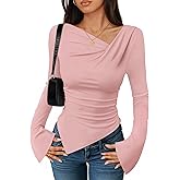 ZESICA Women's Long Bell Sleeve Shirts 2026 Fall Going Out Asymmetrical Crop Tops Slim Fit Ribbed Ruched Y2K Clothes