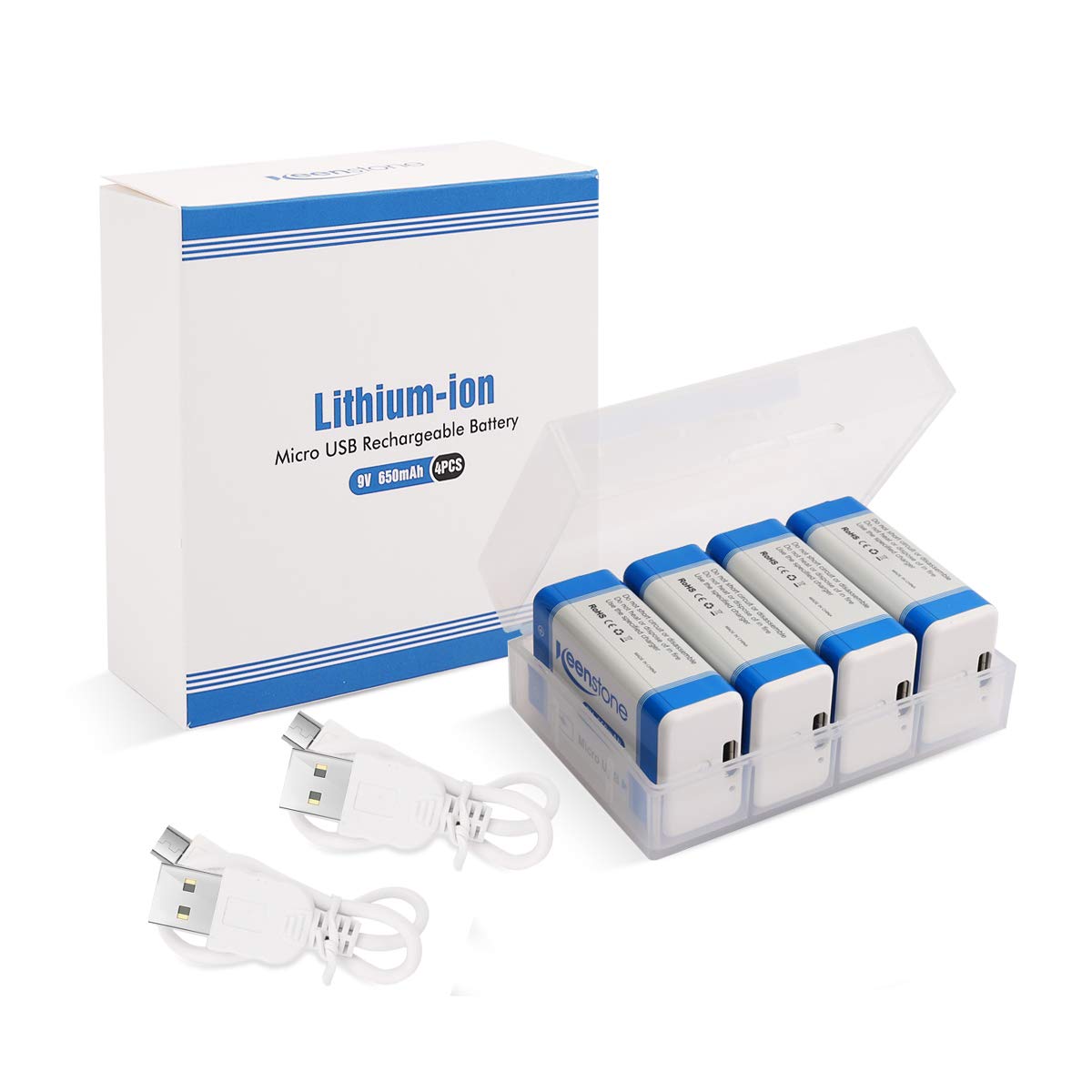 9V Rechargeable 650mAh Li-ion Battery with Micro USB Charging Port - 4 Pack