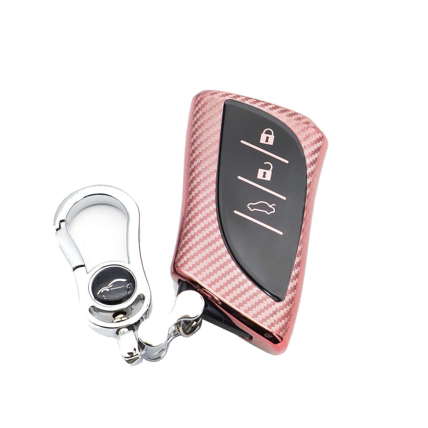 M.JVisun Soft Carbon Fiber Finish Car Key Fob Cover For Lexus ES200 ES250 ES260 ES300h ES350 GX460 LC500 LC500h LS350 LS500 LS500h LX600 NX300h UX200 UX250h UX260h TPU Case With Keychain - Pink