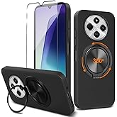 for Xiaomi Redmi 14C/ Redmi 14R/Poco C75 Phone Case with Screen Protector, 360° Rotatable Ring Holder Kickstand/Stand Silicone TPU Slim Fit Shockproof Protective Cover Case for Redmi 14C 2024 - Black