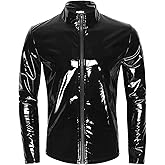 SEAUR Men's Shiny Patent Leather Jacket Casual Slim Fit Leather Muscle Tank Top T-Shirts Nightclub Party Clubwear