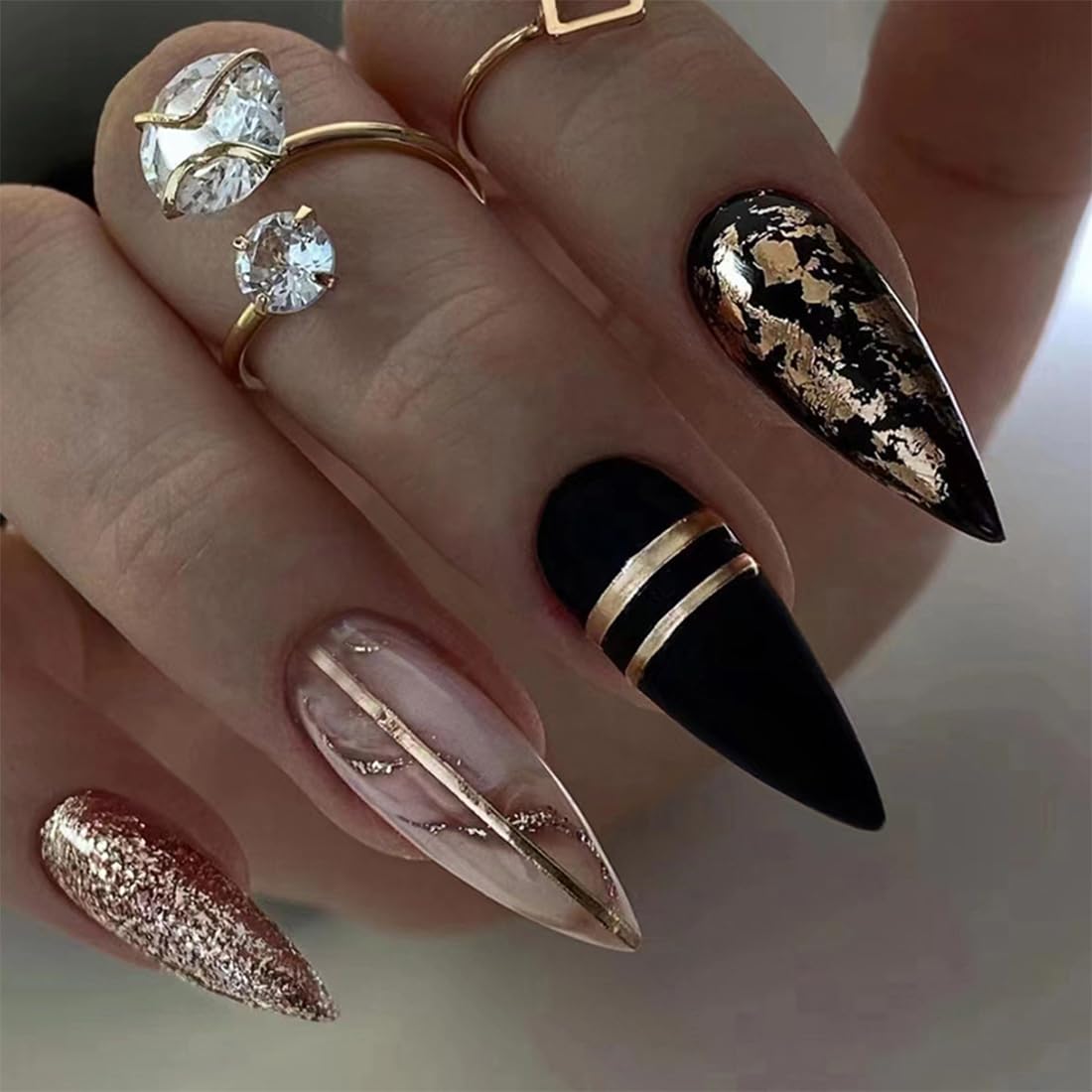 24 PCS Almond Press on Nails Black Fake Nails Gold Glitter Fake Nails Line Design Fake Nail Medium Length Full Cover Fake Nails for Women and Girls Daily Decoration