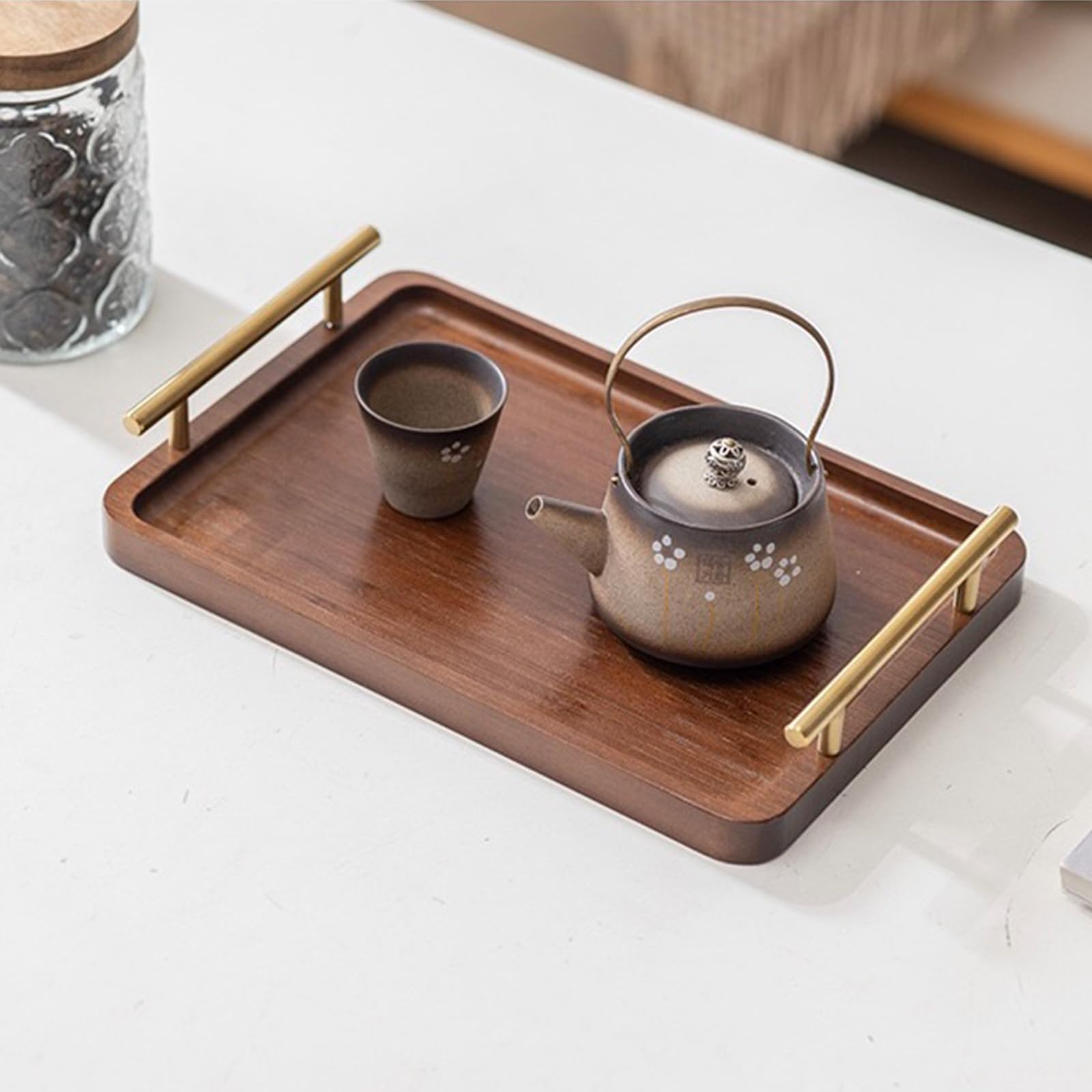 Photo 1 of XZHXFX Bamboo Serving Tray with Gold Handles, Food Tray for Breakfast,Coffee Table,Dinner & Bar, Decorative Tray for Kitchen, Bedroom (Small)