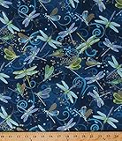 Cotton Dance of the Dragonfly Dragonflies Insects Magical Blue Swirls Gold Metallic Cotton Fabric Print by the Yard (8498m-55)