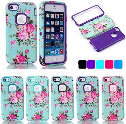 iPhone SE Case,iPhone 5S Case,Shunjia 3in1 Hybrid High Impact Hard Colorful Flowers Pattern +Silicone Case Cover iPhone SE / iPhone 5 5s (Purple)
