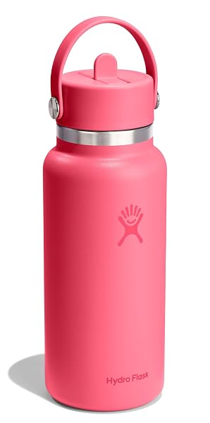 HYDRO FLASK WATER BOTTLE – INSULATED STAINLESS STEEL – WIDE MOUTH FLEX STRAW LID, NON SPILL, LEAKPROOF AND REFILLABLE IN 32 OZ POPSTAR PINK
