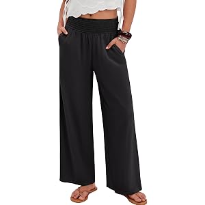 ANRABESS Womens Wide Leg Palazzo Pants with Pockets | Smocked High Waisted Flowy Boho Pants, Lightweight Soft Knit, Lounge &