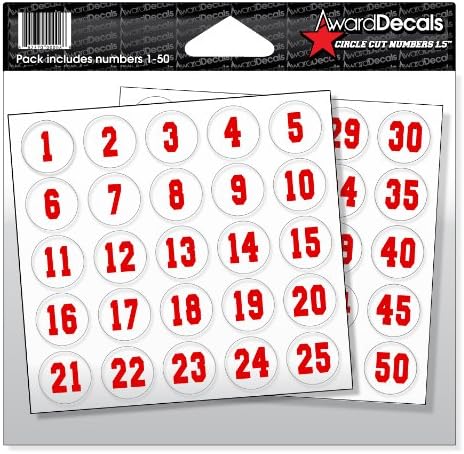 Number Stickers (Red on Clear) for Helmets 1.5" circle 1-50 (Baseball, Softball, Hockey, Etc.) The Original Award Decals Premium 20mil Thick Helmet Decals Made in The USA Since 1976