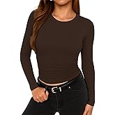 ForeFair Womens Long Sleeve Shirts Ruched Basic Going Out Tops Crew Neck Fall Winter Tee Casual Clothes