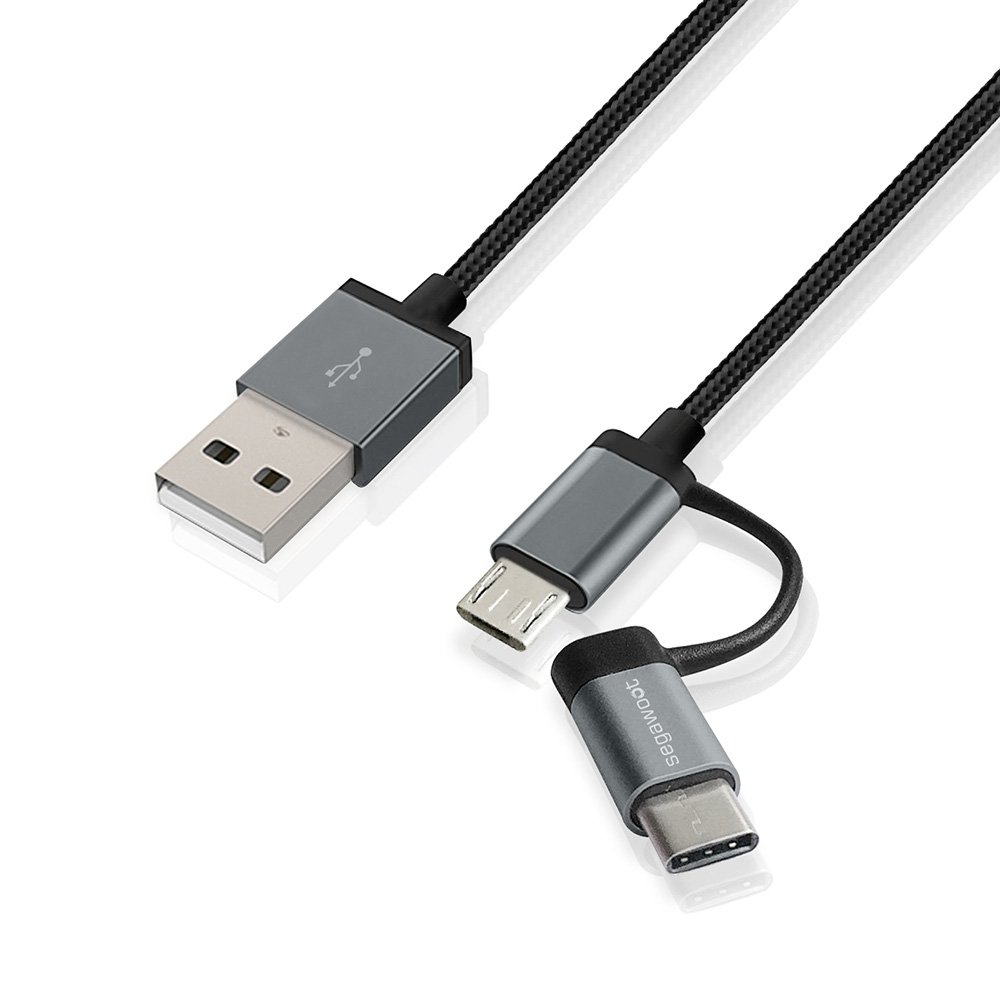 Segawoot 2-in-1 USB Type C+Micro USB Cable, Braided Cable For Samsung S8/S8+, Google Nexus 5X 6P New Macbook, 3.9FT,Black