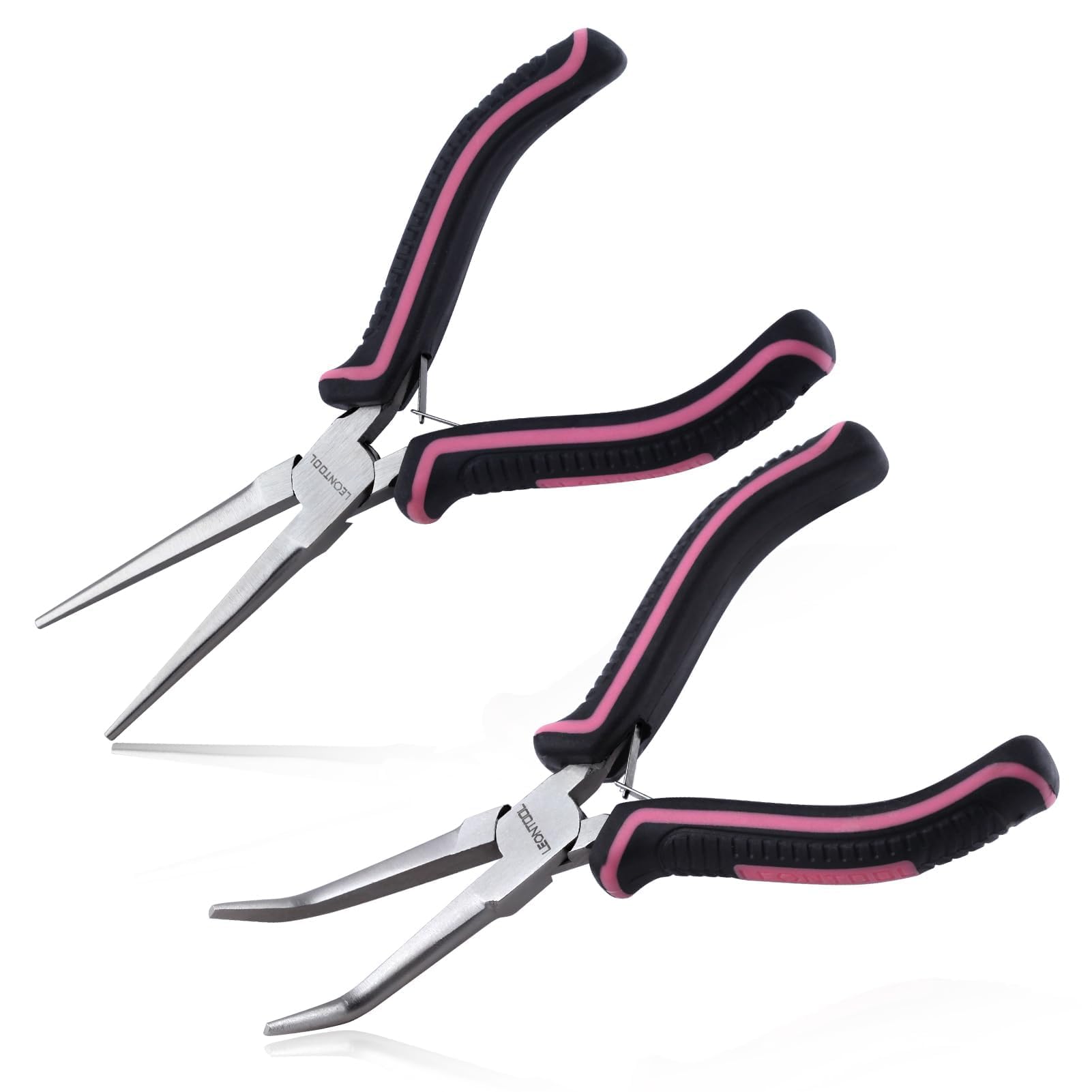 LEONTOOL 2PCS Mini Needle Nose Pliers Set - Smooth Jaws Long and Bent Nose Jewelry Making Tools - Extra Long for Wire Wrapping and Object Gripping