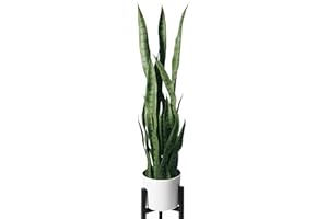 flybold Artificial Fake Snake Plants - Faux Indoor Plant - Modern Decor Artificial House Plant - Large Faux Sansevieria Plant with 28 Tall Leaves - Includes White Pot and Tripod - Green - 36in