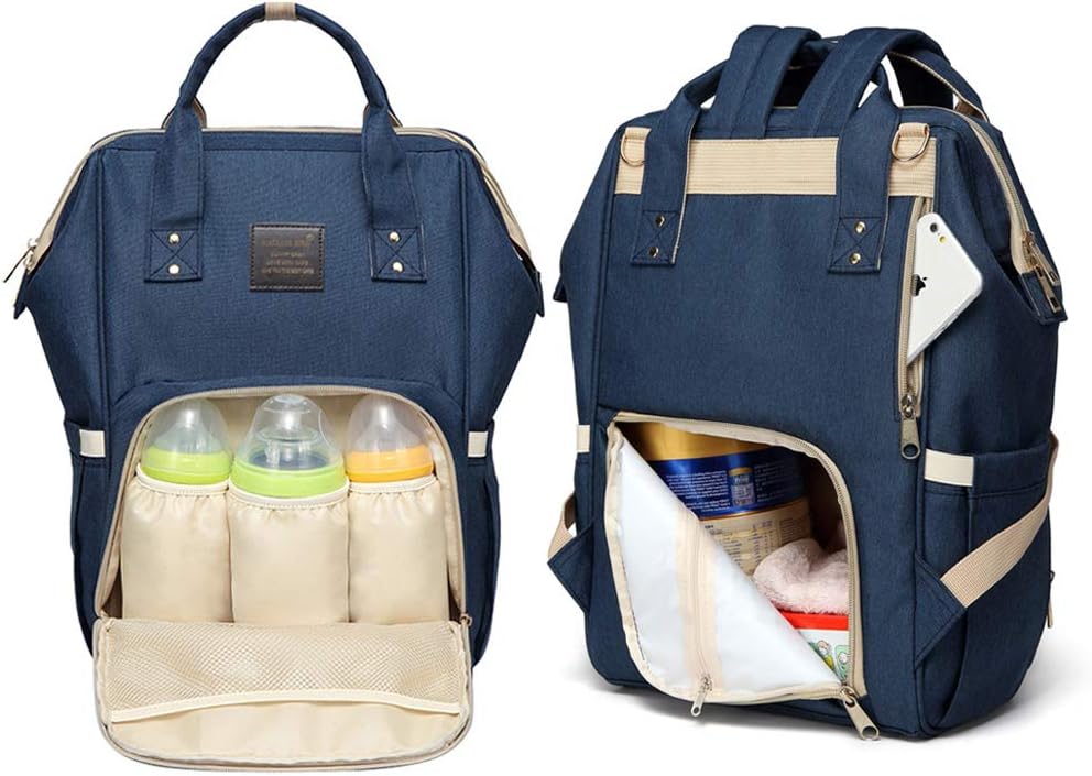 Multifunction Large Capacity Backpack Baby Care Diaper Mummy Bag Portable Nappy Bags with Insulated Bottle Pocket and Changing Pad (navy blue)
