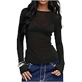 Milumia Women's Sheer Mesh Long Sleeve Top Crew Neck See Through Going Out Tee Shirt