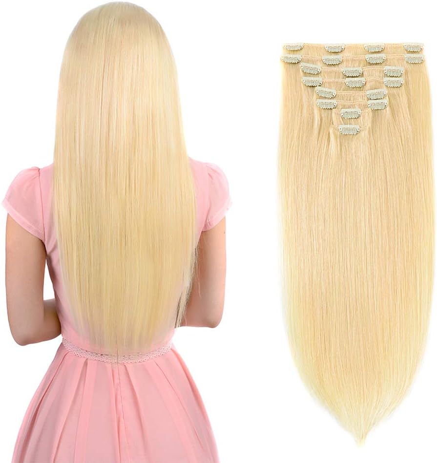 14" Remy Clip in Hair Extensions Human Hair Bleach Blond for Women Beauty - Short Silky Straight 8pcs 20clips Real Hair Extensions (14 inch 100g #613 Bleach Blond)