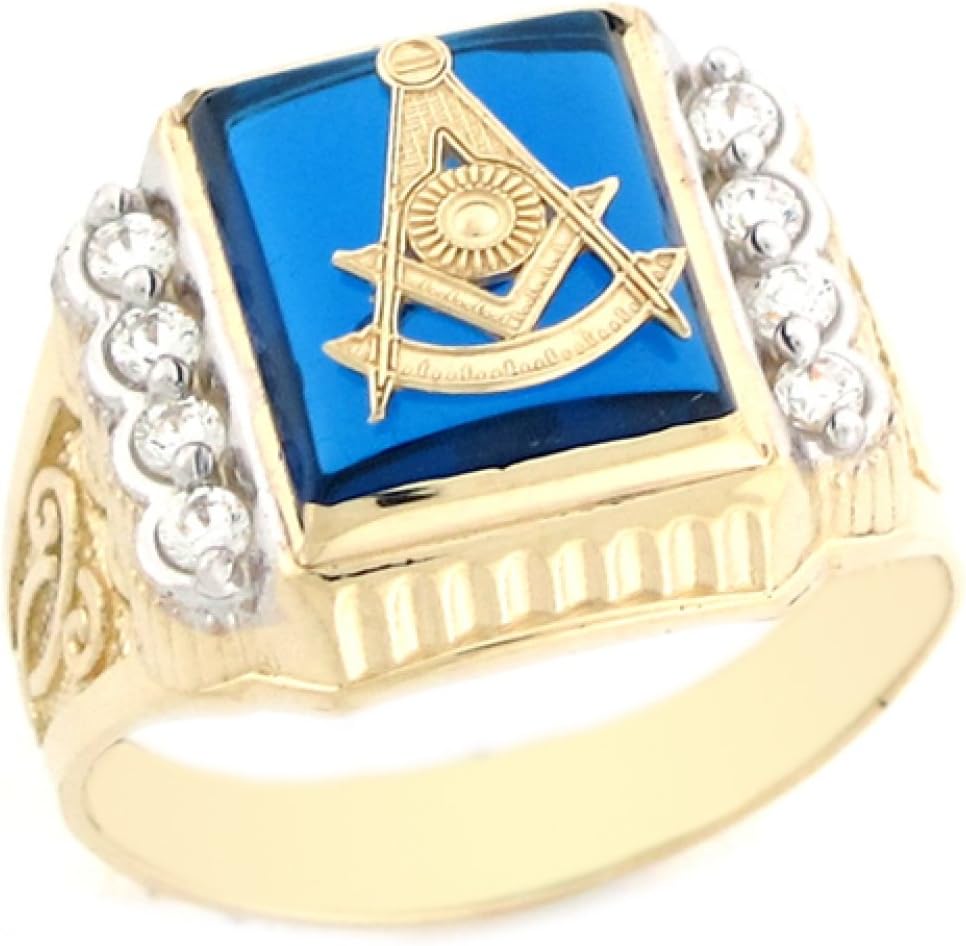 14k Gold Past Master Freemason Masonic Simulated Sapphire Mens Ring