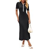 MEROKEETY Women's 2026 Spring Ribbed Maxi Dress Summer V Neck Button Short Sleeve Slim Fit Bodycon Knit Sweater Dresses