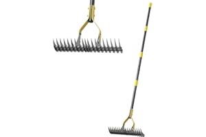 JAOTREL 19-Tine Cold-Pressed Steel Dethatcher Rake - 72 inch Adjustable Handle, Ergonomic Grip, Rust-Resistant - Perfect for Gardens, Lawns, Fields, & More - Senior-Friendly Design