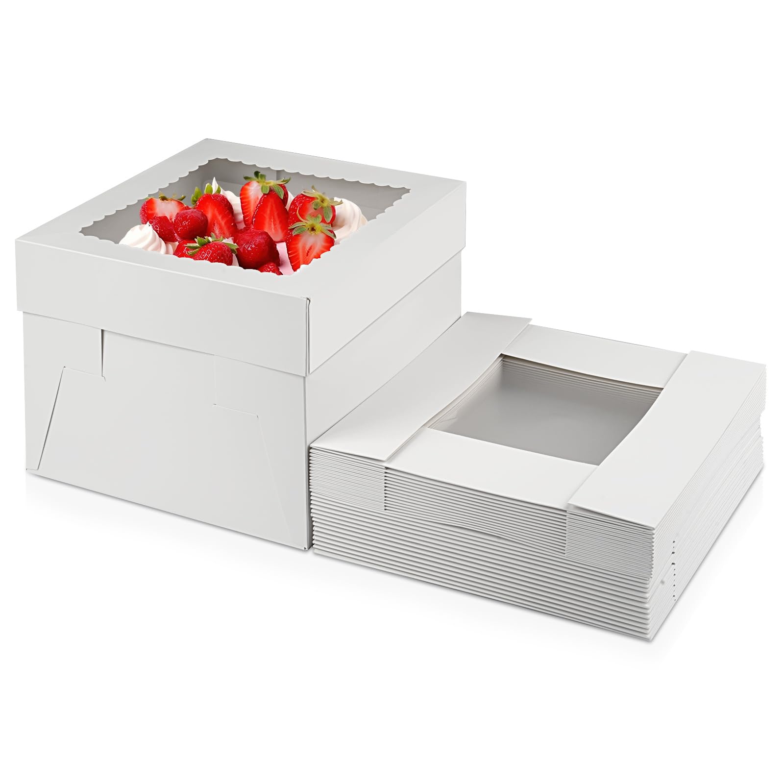 yeestone 15 Pack Cake Boxes 10×10×8 Inches, Disposable Cake Transport Container, White Cake Carrier Holder with Large Window, for Bakery Cookies Pies Cupcakes Pastry