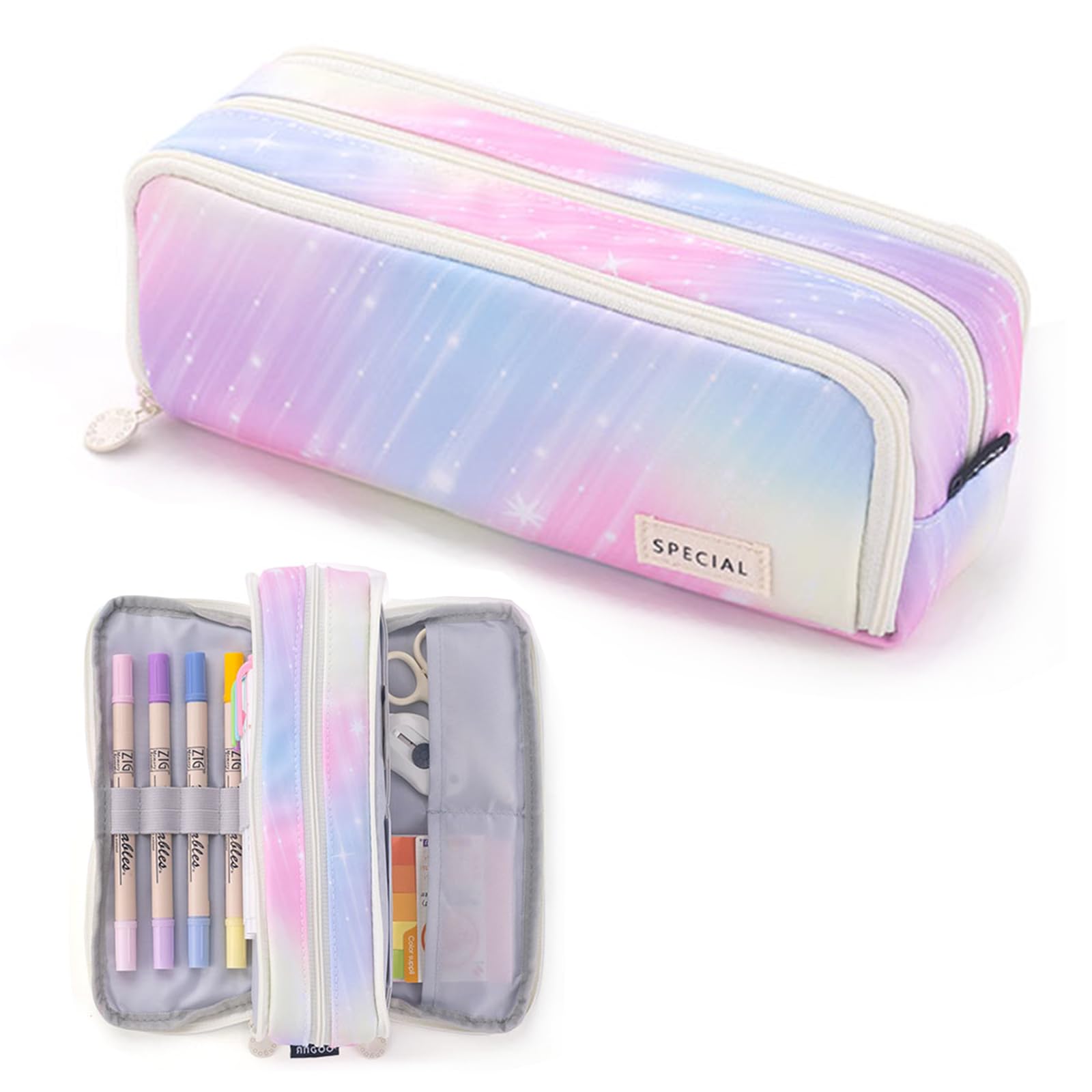 X SIM FITNESSX Pencil Case for Teens Girls 3 Compartments Large Capacity Pencil Case for School and Office (Shooting Star Pink)