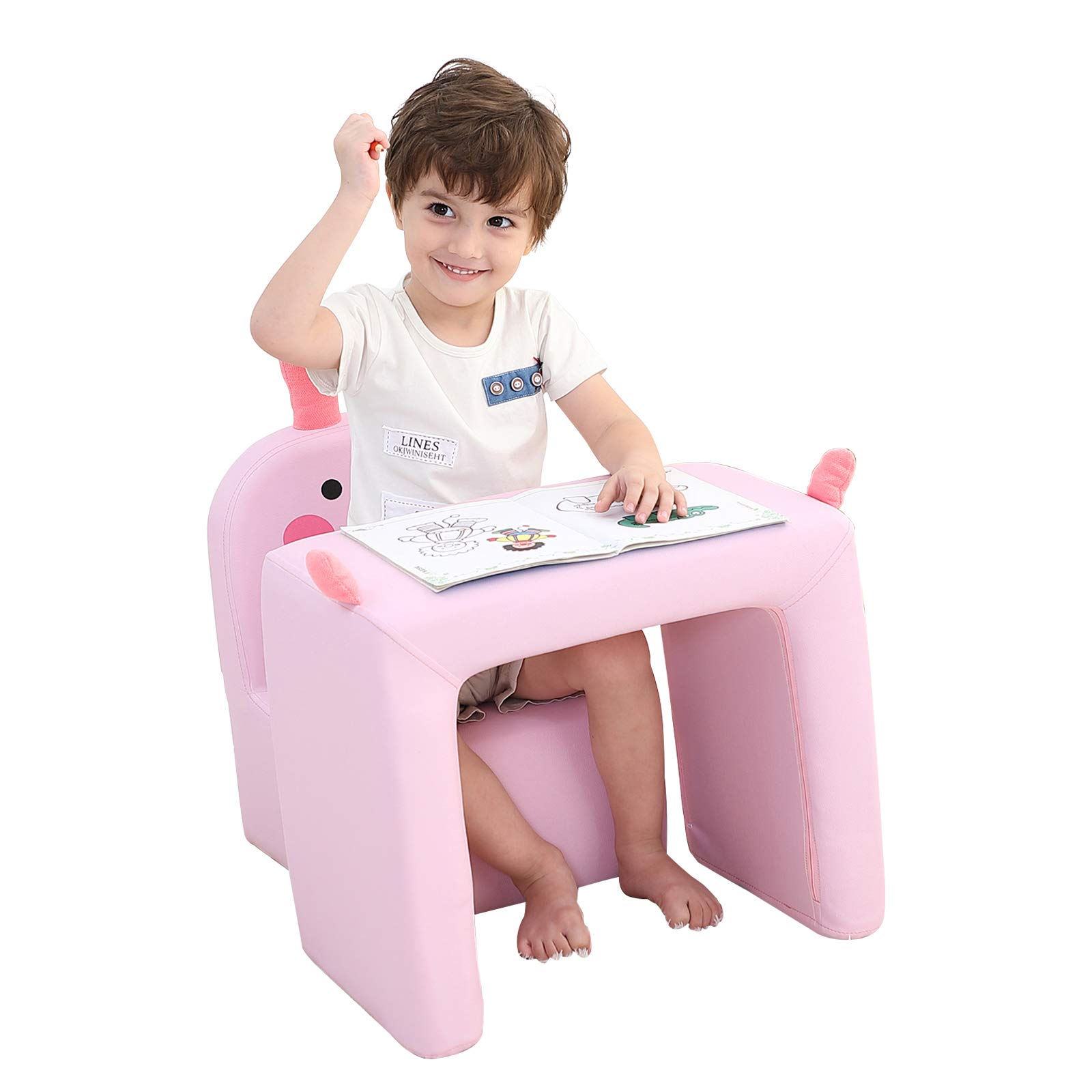 Emall Life Multifunctional Children's Armchair, Kids Chair and Table Set/Stool with Funny Smile Face for Boys and Girls (Pink Rabbit)