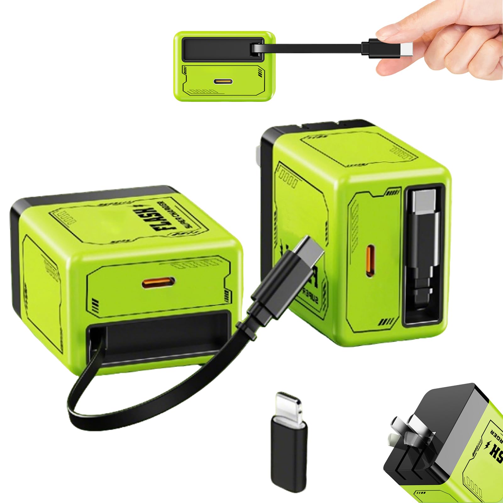 Photo 1 of 2-in-1 Compatible with 120w Fast Charger, Fast Charger Module with Type-C Cable, All in One Chargers Retractable Wall Plug for iPhone, Phone and Laptops (1PCS-Green)