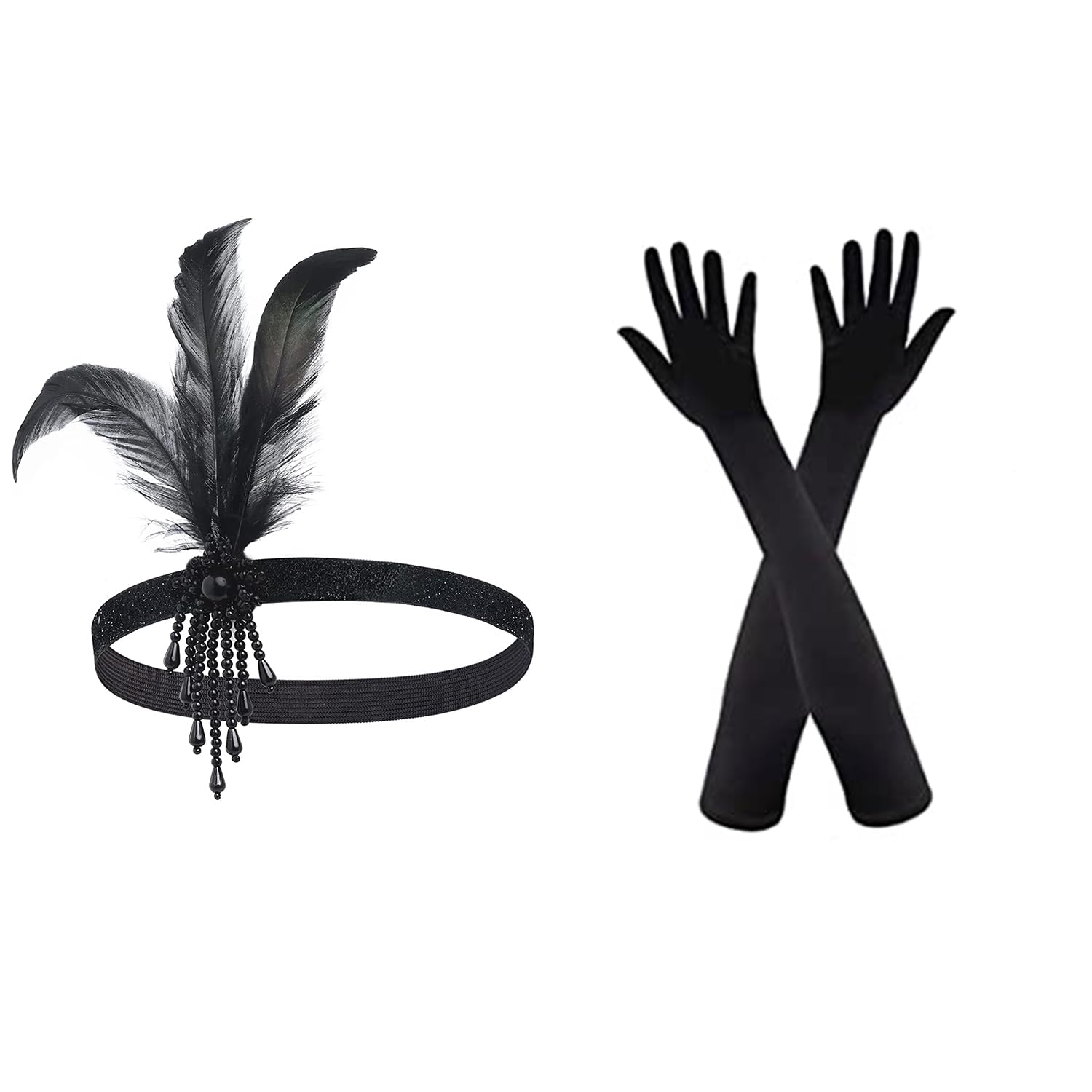 SKHAOVS 1920s Flapper Headband, 1920s Accessories for Women, Black Elbow Gloves Beaded Gatsby Headpiece, Great Gatsby Costume Accessories, Long Evening Gloves for Halloween Costume Prom Party (2 Pcs)