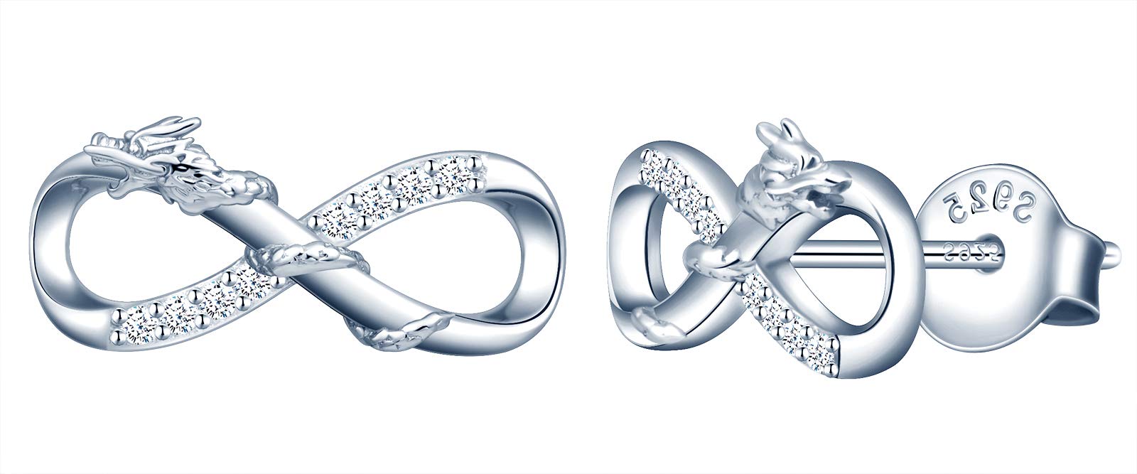 MicLee Woman's girl's Earrings, 925 Sterling silver dragon earrings, Mini infinity symbol earrings studs, Inlaid zircon, silver