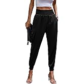 PRETTYGARDEN Women's Satin Jogger Pants Casual Dressy High Waist Long Lounge Pant Trousers Summer Outfits with Pockets