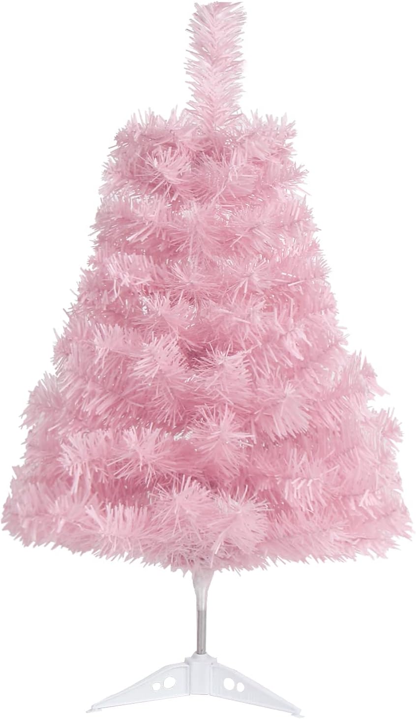 Trees - CCINEE 2Ft Artificial Christmas Tree, Pink Mini Tabletop Hinged Christmas Tree with Plastic Stand 80 Branch Tips for Xmas Party Supplies Home Indoor Decoration