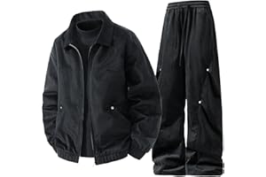 2 Piece Outfits for Men Zip Up Solid Lapel Tracksuit Jackets & Wide Leg Drawstring Pants Set Pocekts Fall Winter Sweatsuit