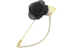 uxcell Rose Lapel Pin for Men, Flower with Gold Leaf Chain Brooch, Fabric Handmade Camellia Corsage Accessory