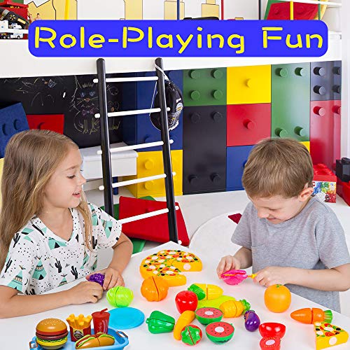 102 Pieces Pretend Cutting Play Food Set for Toddlers 3 Years+ Kitchen Toys Fun Cutting Fruits Vegetables Pretend Food Playset for Children Girls Boys Educational Early Age Basic Skills