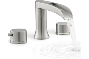 HEYMYTAP Roman Bathtub Faucet Brushed Nickel Waterfall Bath Tub Faucet Set 3 Hole, Brass Deck Mount Tub Faucets, High Flow Bath Faucet for Tub 2 Handle No Dripping 1/2" Pre-Install Supply Water Hoses