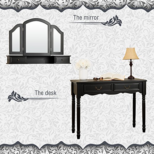 Fineboard FB-VT06-BKV Elegant Vanity Set Makeup Dressing Table with 3 Mirrors and Stool, 4 Drawers, Black