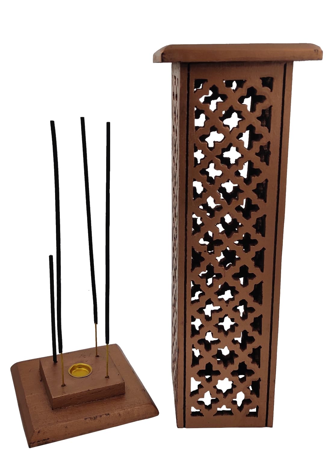 Purpledip Wooden Tower Incense & Myrrh Holder: Handcarved Stand for Dhoop Loban & Agarbatti (11943)