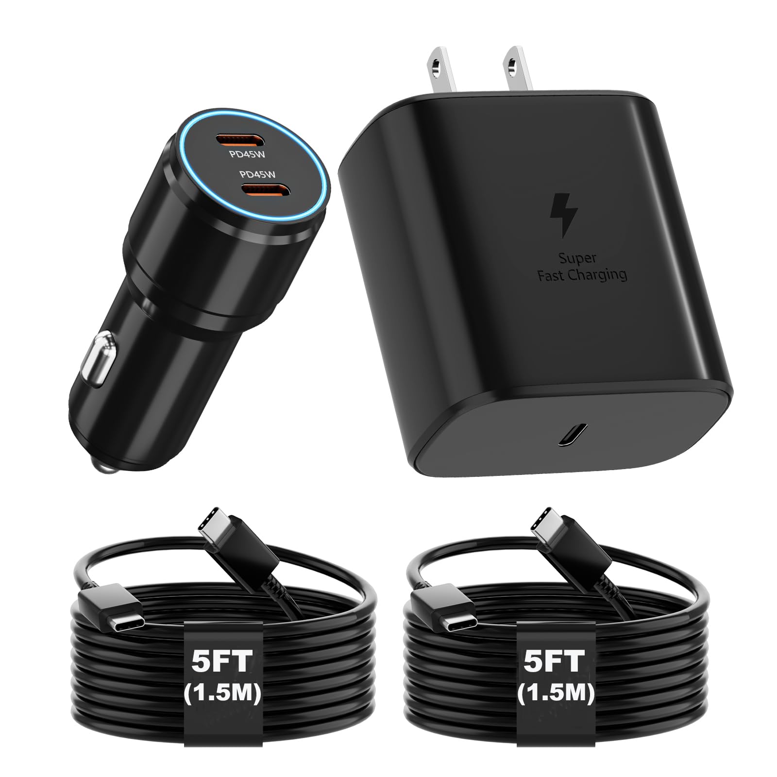 Super Fast Charger Type C Kit,45W PD USB C Wall/Car Charger for Samsung Galaxy S25/S24/S23/S22/Plus/Ultra/FE/Note 20/10/A71,2020/2018 Pad Pro/Air,with 2X USB C-to-C Cable(6.6ft)