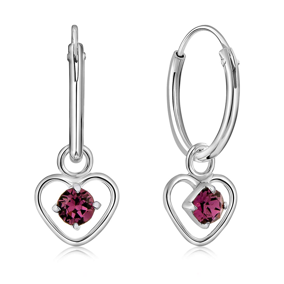925 Sterling Silver Small Hoops Earrings with Dangling Round Crystals 3 mm - Earrings Amethyst Colour - Thickness 1.5 mm - Diameter: 12 mm