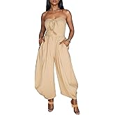 DINGANG Womens One Piece Strapless Jogger Jumpsuit Tube Top Off Shoulder Sleeveless Wide Leg Rompers