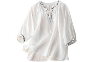 OPLXUO Women's Summer 3/4 Sleeve Cotton Linen Tops Retro Mexican Embroidered Shirts Casual V Neck Lace Up Boho Peasant Blouse