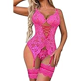 Donnalla Women Sexy Lingerie Set with Garter Belt Lace Bodysuit Teddy with Panty