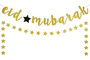 TEEPOLLY Gold Eid Mubarak Banner and Star Garland, Muslim Eid Mubarak Festival Garland Banner Eid Mubarak Decorations for Home Muslim Ramadan Party Banner Decorations