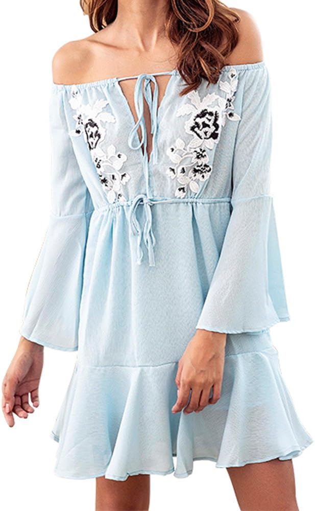 Womens Off Shoulder Floral Mini Dress boeson Dresses Summer Sundress Party Beach