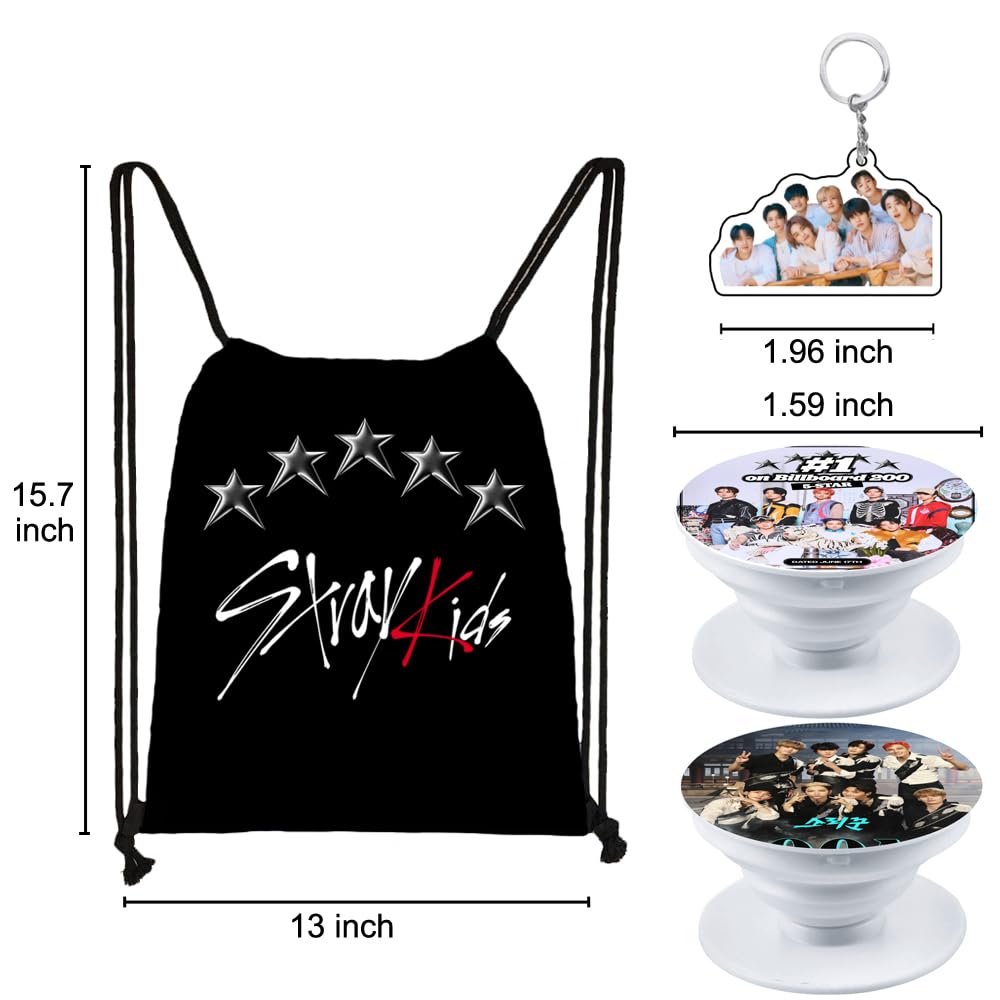eTel Like Stray Kids Gifts Set, Including Drawstring Bag Backpack, Necklace, Earrings, Bracelets, Button Pins, Lanyard ID Holder, Keychain, Phone Ring Holder, Cartoon Badge