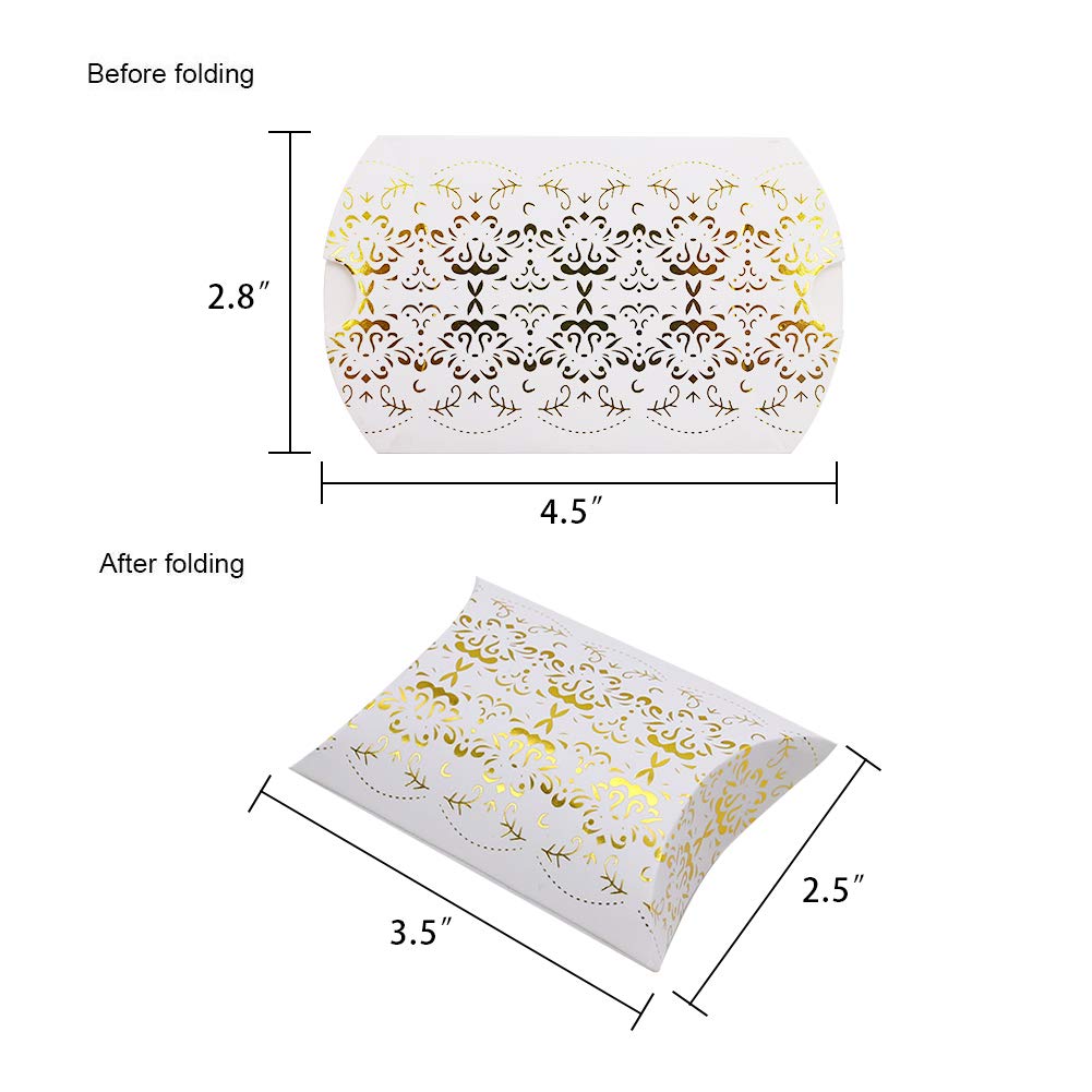 100pcs Gold Pillow Box,Kraft Paper Pillow Boxes Candy Treat Gift Boxes for Wedding Bridal Shower Baby Shower Birthday Party Supplies