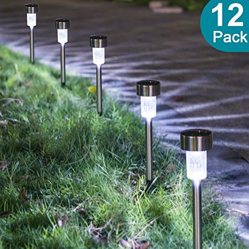 Solar Pathway Lights[12pack] - Waterproof Outdoor Garden Sunlight Powered Lights -Landscape Light For Lawn/Patio/Yard/Walkway/Driveway- Bright White (Stainless Steel)