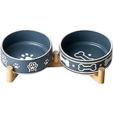 Dafuceramic Dog Bowls Set with Stand, 1.5 Cups Ceramic Puppy Bowls for Dogs, Dual Dog Food and Water Bowls with Bone Pattern,Weighted Non-Slip Base (S-1.5 Cups)