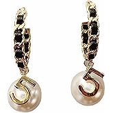 IvoryHaid Vintage Number 5 Pearl Hoop Earrings Elegant Pearl Hoop Earrings for Women, Trendy Black Chain Gold Plated Number 5 Dangle Earrings